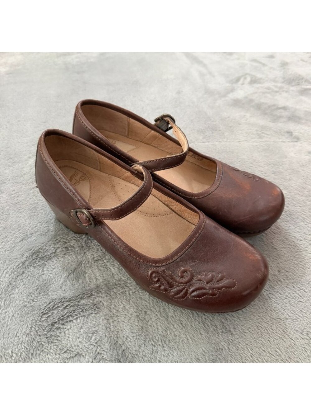 Dansko Brown Leather Mary Jane Embossed Flower Clogs Shoes 42 11.5 12